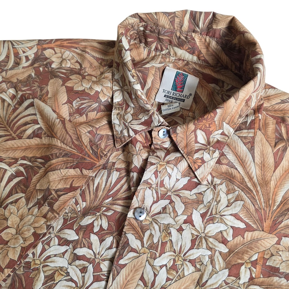 Tori Richard Men L Cotton Lawn Aloha Shirt Brown Tan  Botanical Floral  USA